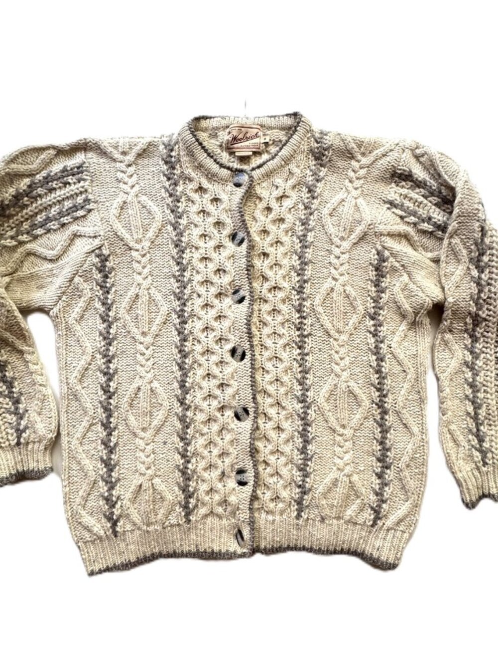 Vtg Women's Woolrich Wool Blend Natural Cream & Gray Button Knit Cardigan sz M
